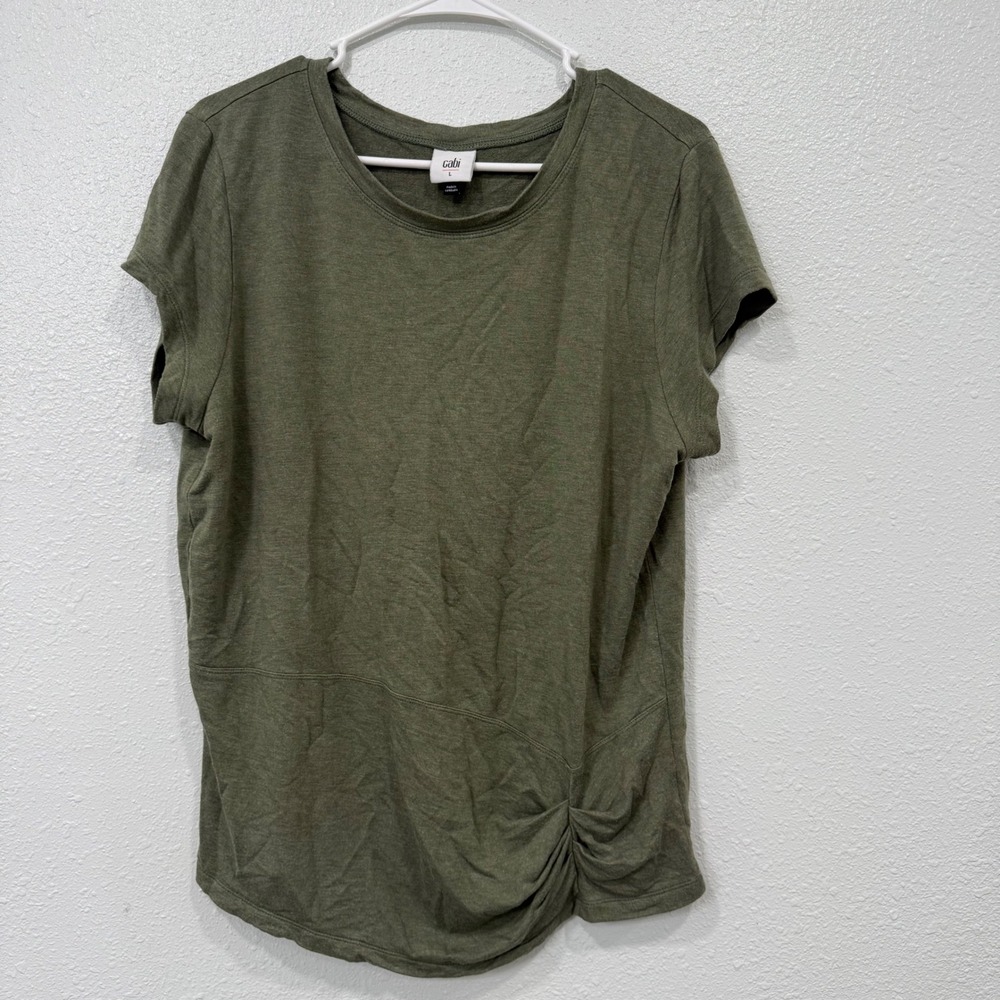 Cabi Women Olive Green Side Knot Twist Knit Top Short Sleeve Crew Neck Large